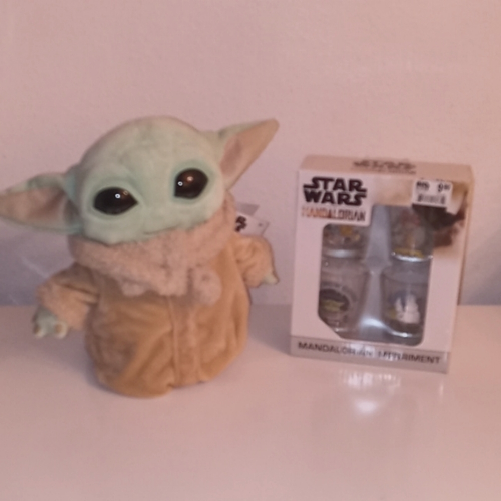Star Wars Grogu plush and Mandalorian Merriment Shot Glasses Bundle